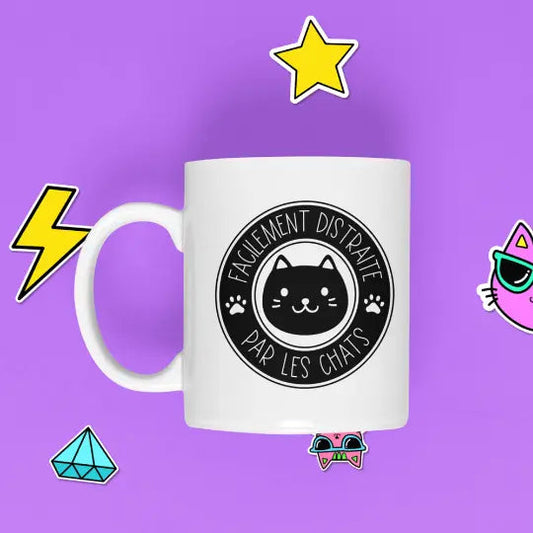 Mug céramique - Facilement distraite par les chats - Blanc - Mugs