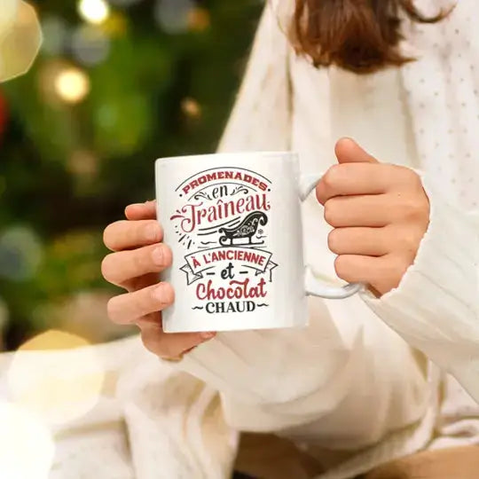 Mug céramique imprimé Promenades en traîneau à l'ancienne et chocolat chaud Encre et Créations