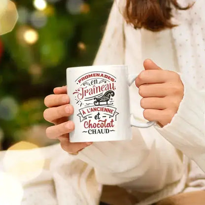 Mug céramique imprimé Promenades en traîneau à l'ancienne et chocolat chaud Encre et Créations