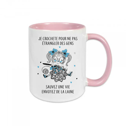 Mug en céramique blanc avec texte humoristique "Je crochète pour ne pas étrangler des gens"