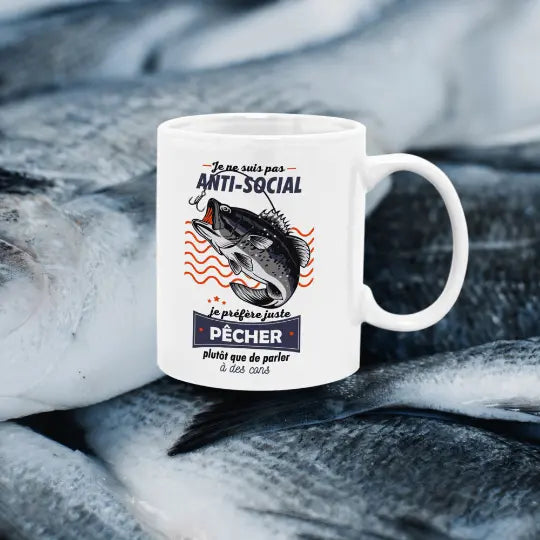 Mug céramique - Je ne suis pas anti-social je préfère juste pêcher plutôt que de parler à des cons - Blanc - Mugs