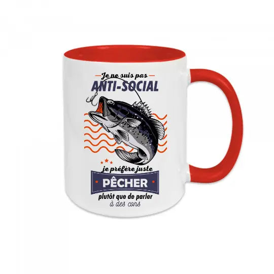 Mug céramique - Je ne suis pas anti-social je préfère juste pêcher plutôt que de parler à des cons - Rouge - Mugs