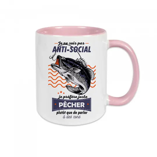 Mug céramique - Je ne suis pas anti-social je préfère juste pêcher plutôt que de parler à des cons - Rose - Mugs