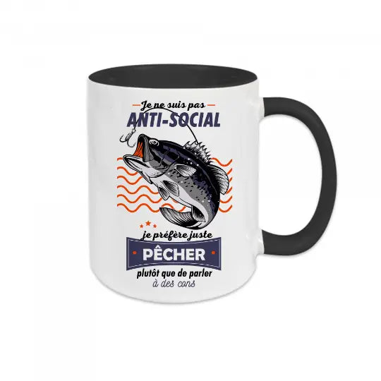 Mug céramique - Je ne suis pas anti-social je préfère juste pêcher plutôt que de parler à des cons - Noir - Mugs