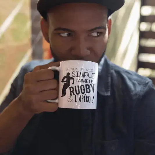 Mug céramique - Je suis un mec simple j’aime le rugby et l’apéro - Blanc