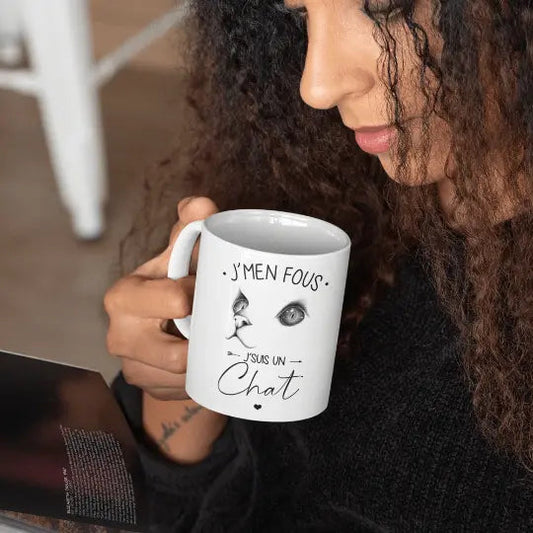 Mug céramique - J’men fous j’suis un chat - Blanc - Mugs
