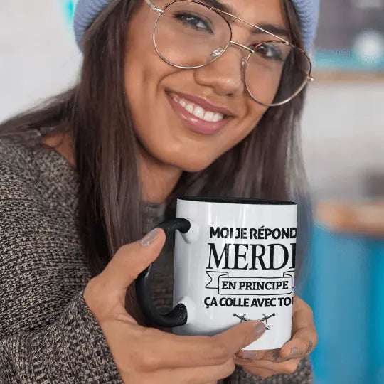 Mug céramique - Moi je réponds merde en principe ça colle avec tout - Noir - Mugs