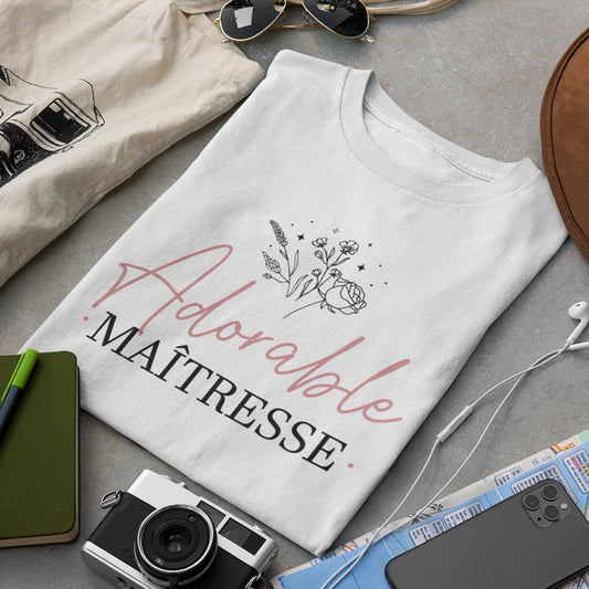 T-shirt femme avec l’inscription "Adorable Maîtresse" – Un design unique pour une maîtresse attentionnée et bienveillante. Idéal comme cadeau pour une institutrice passionnée.