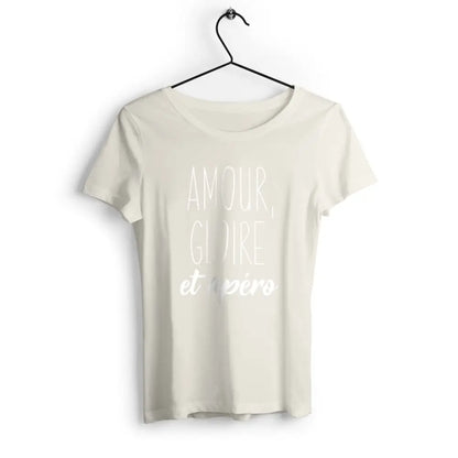T-shirt femme avec l'inscription 'Amour, gloire et apéro', un design amusant et décontracté, parfait pour les fans de moments conviviaux et de bonne humeur.