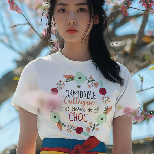 T-shirt femme "Formidable collègue et binôme de choc", design positif et amusant, parfait pour célébrer l'amitié au travail, en coton confortable et coupe moderne.