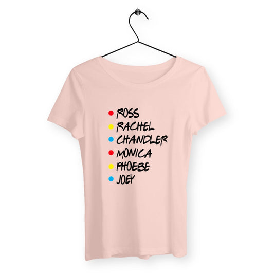 T-shirt femme avec l'inscription 'Friends' et des personnages emblématiques de la série, un design classique et fun, parfait pour les fans de cette série culte.