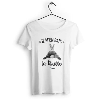 T-shirt femme "Je m'en bats la touffe", design audacieux et humoristique, idéal pour un look décalé et fun, en coton confortable et coupe moderne.