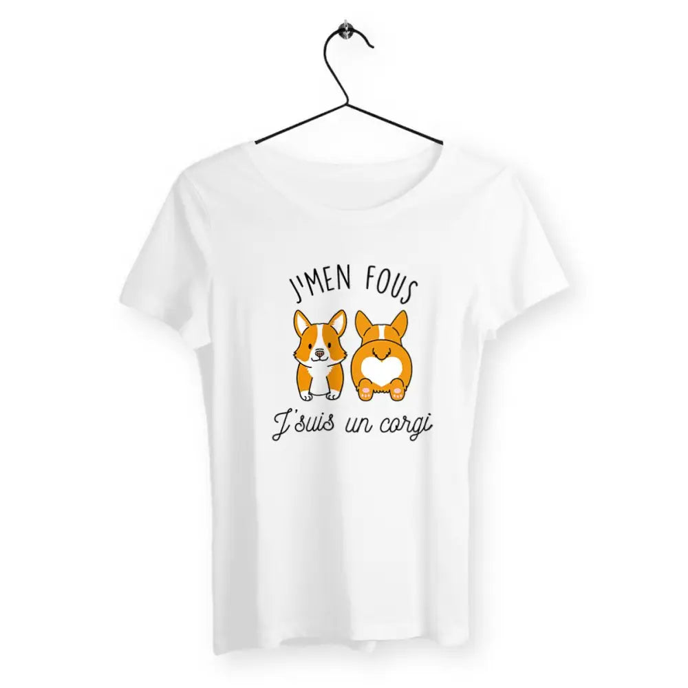 T-shirt femme avec l'inscription "J'men fous j'suis un corgi" – Un design drôle et décalé pour afficher votre côté décontracté et votre amour pour les Corgis. Parfait pour les fans de cette race adorable et pleine de personnalité !