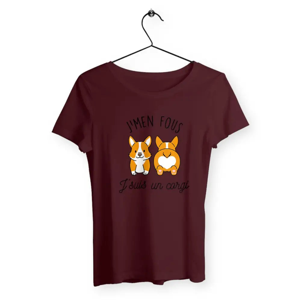 T-shirt femme avec l'inscription "J'men fous j'suis un corgi" – Un design drôle et décalé pour afficher votre côté décontracté et votre amour pour les Corgis. Parfait pour les fans de cette race adorable et pleine de personnalité !