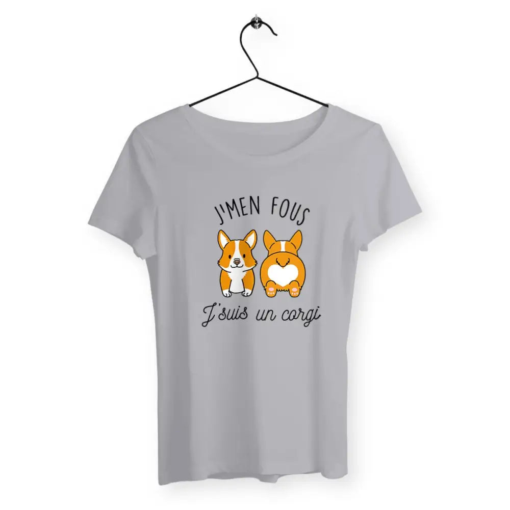 T-shirt femme avec l'inscription "J'men fous j'suis un corgi" – Un design drôle et décalé pour afficher votre côté décontracté et votre amour pour les Corgis. Parfait pour les fans de cette race adorable et pleine de personnalité !