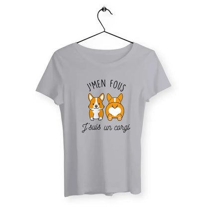 T-shirt femme avec l'inscription "J'men fous j'suis un corgi" – Un design drôle et décalé pour afficher votre côté décontracté et votre amour pour les Corgis. Parfait pour les fans de cette race adorable et pleine de personnalité !