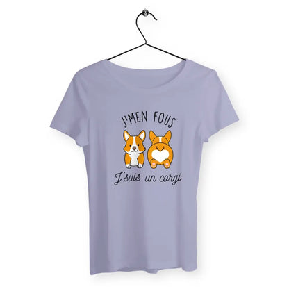T-shirt femme avec l'inscription "J'men fous j'suis un corgi" – Un design drôle et décalé pour afficher votre côté décontracté et votre amour pour les Corgis. Parfait pour les fans de cette race adorable et pleine de personnalité !