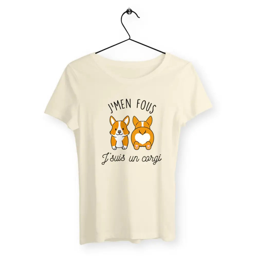 T-shirt femme avec l'inscription "J'men fous j'suis un corgi" – Un design drôle et décalé pour afficher votre côté décontracté et votre amour pour les Corgis. Parfait pour les fans de cette race adorable et pleine de personnalité !