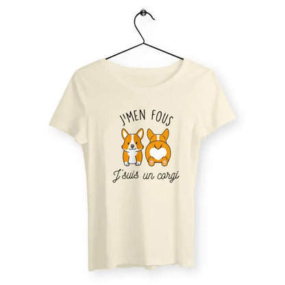 T-shirt femme avec l'inscription "J'men fous j'suis un corgi" – Un design drôle et décalé pour afficher votre côté décontracté et votre amour pour les Corgis. Parfait pour les fans de cette race adorable et pleine de personnalité !