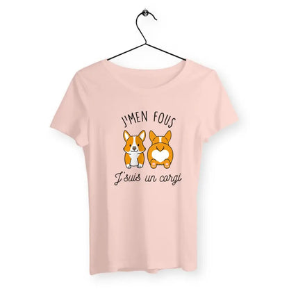 T-shirt femme avec l'inscription "J'men fous j'suis un corgi" – Un design drôle et décalé pour afficher votre côté décontracté et votre amour pour les Corgis. Parfait pour les fans de cette race adorable et pleine de personnalité !
