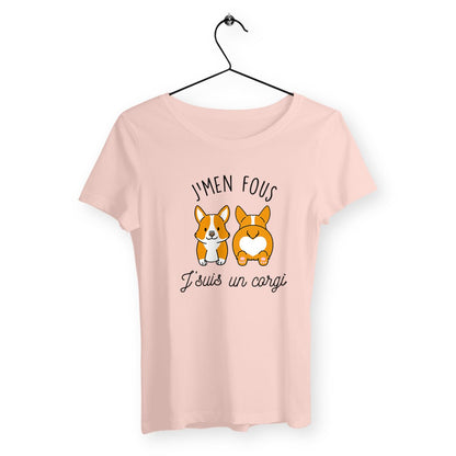 T-shirt femme avec l'inscription "J'men fous j'suis un corgi" – Un design drôle et décalé pour afficher votre côté décontracté et votre amour pour les Corgis. Parfait pour les fans de cette race adorable et pleine de personnalité !