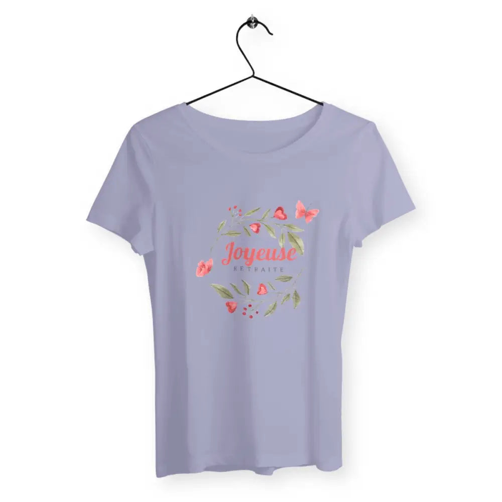 T-shirt femme avec l'inscription "Joyeuse retraite", un modèle fun et décontracté pour celles qui célèbrent ce nouveau chapitre de la vie. Confortable et stylé, idéal pour afficher avec humour et légèreté l'entrée en retraite.