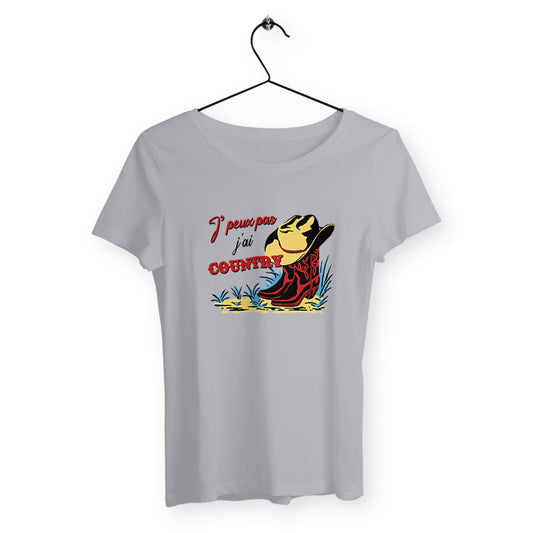 T-shirt femme avec l'inscription "J'peux pas j'ai country", idéal pour les amatrices de danse et de musique country. Confortable et stylé, il affiche un message fun et décontracté, parfait pour afficher votre passion pour la country avec une touche d'humour.