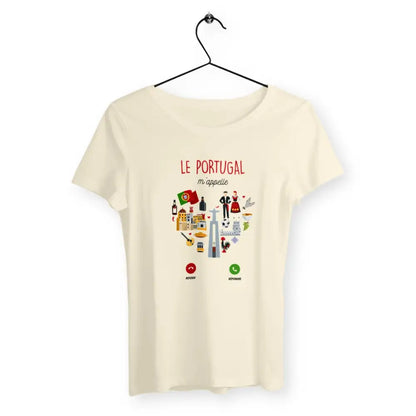 T-shirt femme avec l'inscription 'Le Portugal m'appelle', un design idéal pour les amoureuses du Portugal et celles qui rêvent d'y voyager.