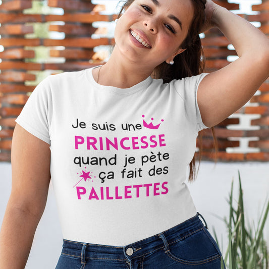 T-shirt femme avec l'inscription 'Quand je pète ça fait des paillettes', un design fun et décalé, parfait pour afficher un côté humoristique et brillant !