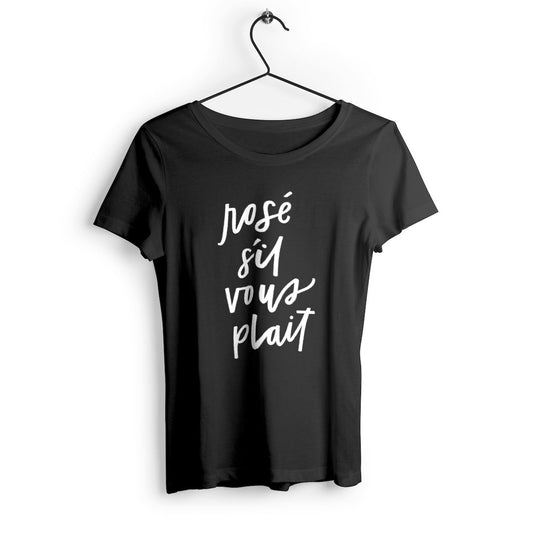 T-shirt femme avec l'inscription 'Rosé s'il vous plaît', un design élégant et humoristique, parfait pour les amatrices de vin et d'humour léger.