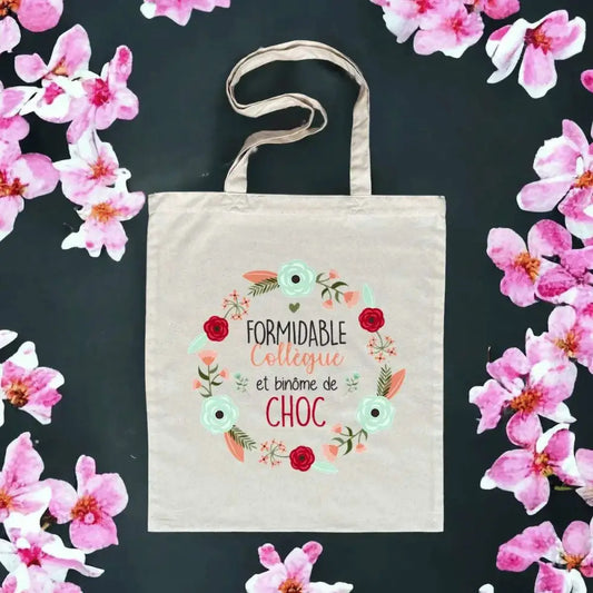 Totebag en coton biologique avec l’inscription "Formidable collègue et binôme de choc", sac léger de 160 g, taille unique, parfait comme cadeau pour collègue ou binôme de travail.