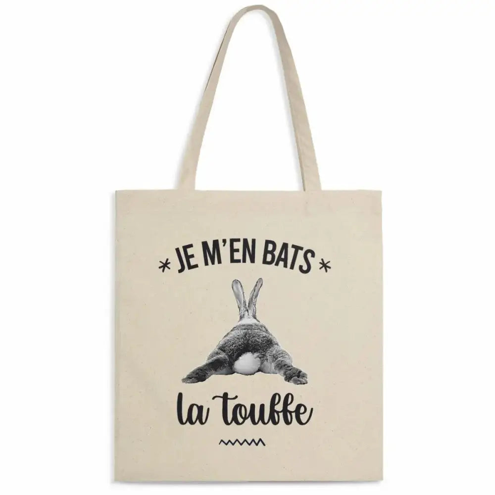 Totebag en coton biologique avec l’inscription humoristique "Je m'en bats la touffe", sac léger de 160 g, taille unique, style décalé et éco-responsable.