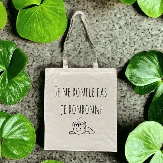 Totebag en coton biologique avec l’inscription "Je ne ronfle pas je ronronne", sac léger de 160 g, taille unique, style mignon et éco-responsable, parfait pour les amoureux des chats.