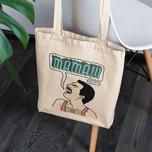 Totebag en coton biologique avec l’inscription "Mamaaaa oh oh oh", référence à Freddie Mercury et Queen, sac léger de 160 g, taille unique, style musical et éco-responsable.