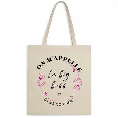 Totebag en coton biologique avec l’inscription "On m'appelle la big boss", sac léger de 160 g, taille unique, style affirmé et éco-responsable.