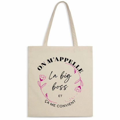 Totebag en coton biologique avec l’inscription "On m'appelle la big boss", sac léger de 160 g, taille unique, style affirmé et éco-responsable.