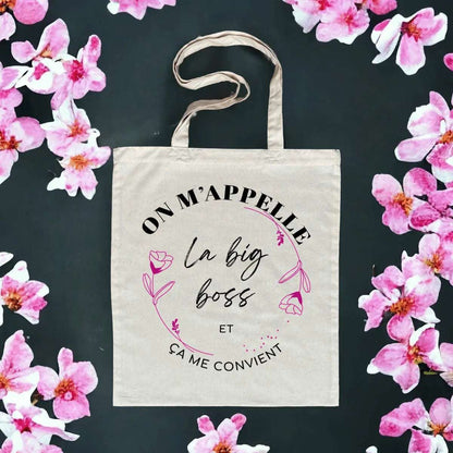 Totebag en coton biologique avec l’inscription "On m'appelle la big boss", sac léger de 160 g, taille unique, style affirmé et éco-responsable.