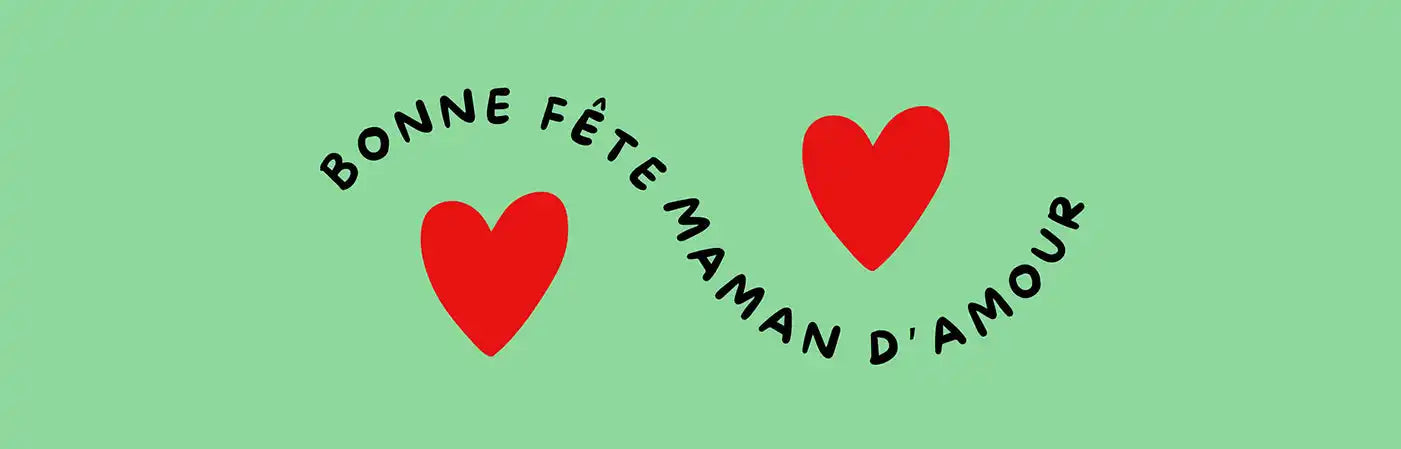 Une bannière verte avec deux cœurs rouges et un message en français.